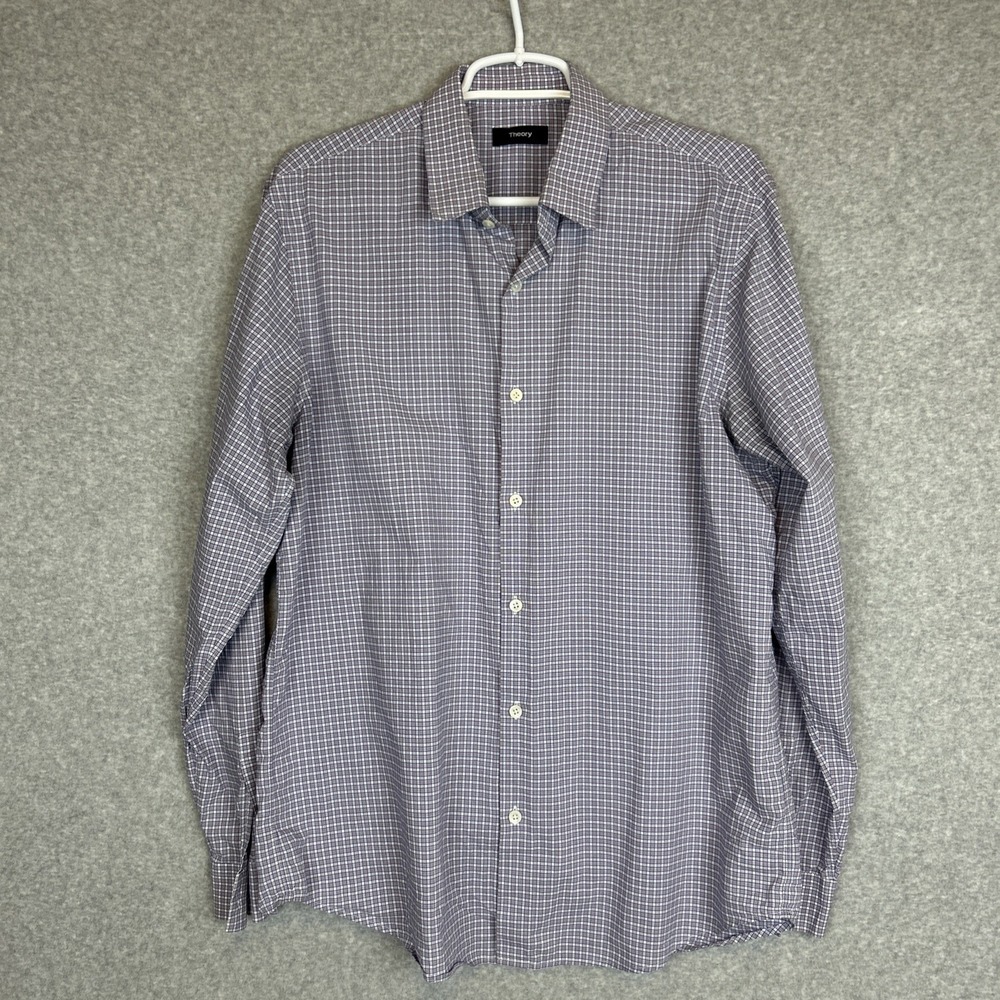 Theory Mens Button-Down Shirt Size L Cotton Gingham Long Sleeve Casual